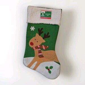 New Reindeer Christmas Stocking 17" Holiday Decor Green Felt Stocking Bas